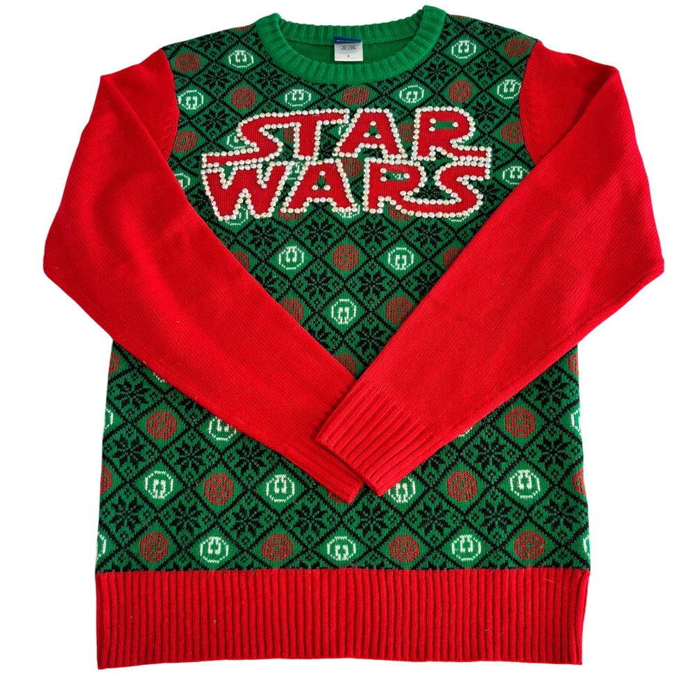 Star Wars‎ Rhinestone Ugly Christmas Sweater Green Red Handmade Logo Women S Top